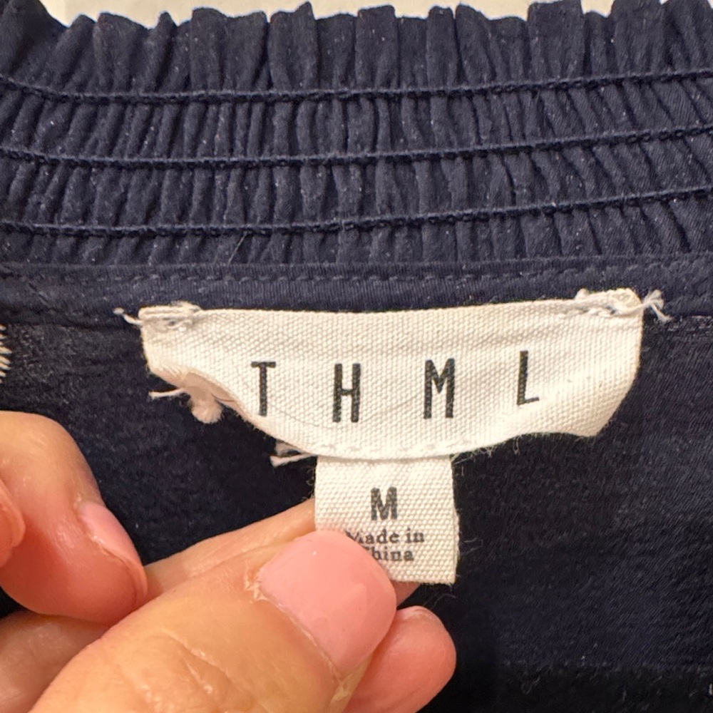 THML Navy Puff-Sleeve Blouse with White & Gold Floral Embroidery - Picture 2 of 3